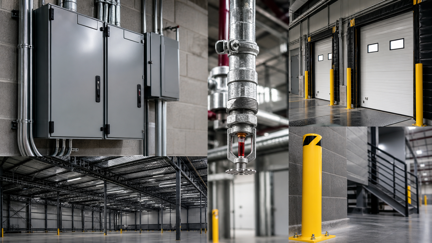 Industrial infrastructure detail with electrical panels, sprinkler piping, and dock hardware